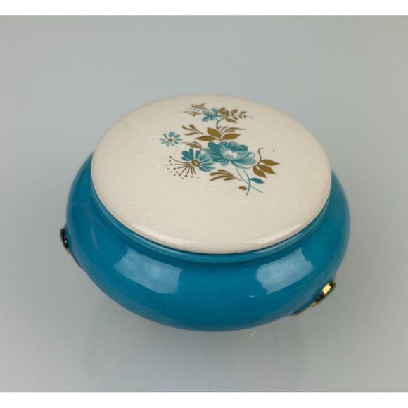 Vintage Ceramic Footed Trinket Box w/ Lid, Blue Floral PH Signed Mid-Century - Picture 3 of 13
